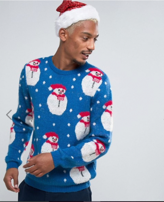 pull de noel kitsch bleu bonhomme de neige